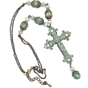 Verdigris Patina Cross Pendant Necklace Beaded Bohemian Spiritual Jewelry